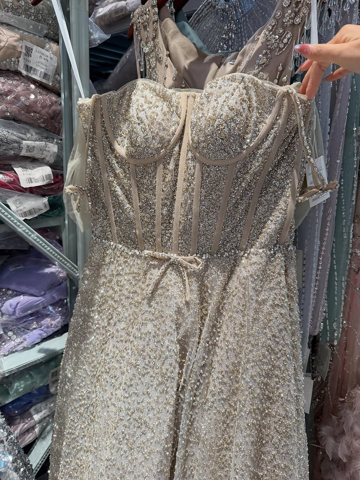 Luxury Caramel Off The Shoulder Beaded A Line Evening Dress LA73820 SERENE HILL