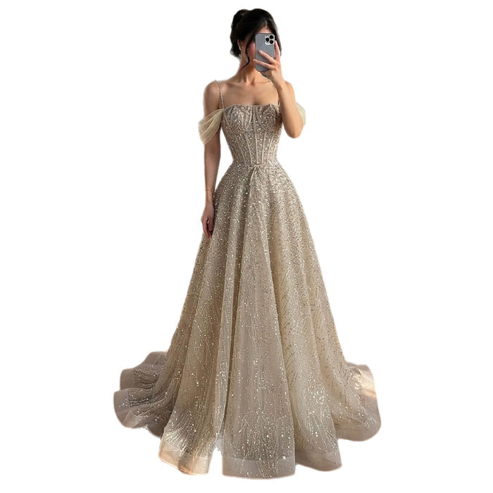 Luxury Caramel Off The Shoulder Beaded A Line Evening Dress LA73820 SERENE HILL