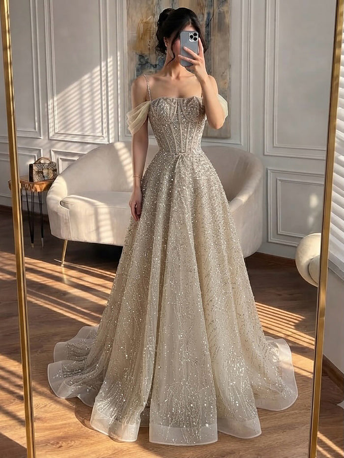Luxury Caramel Off The Shoulder Beaded A Line Evening Dress LA73820 SERENE HILL