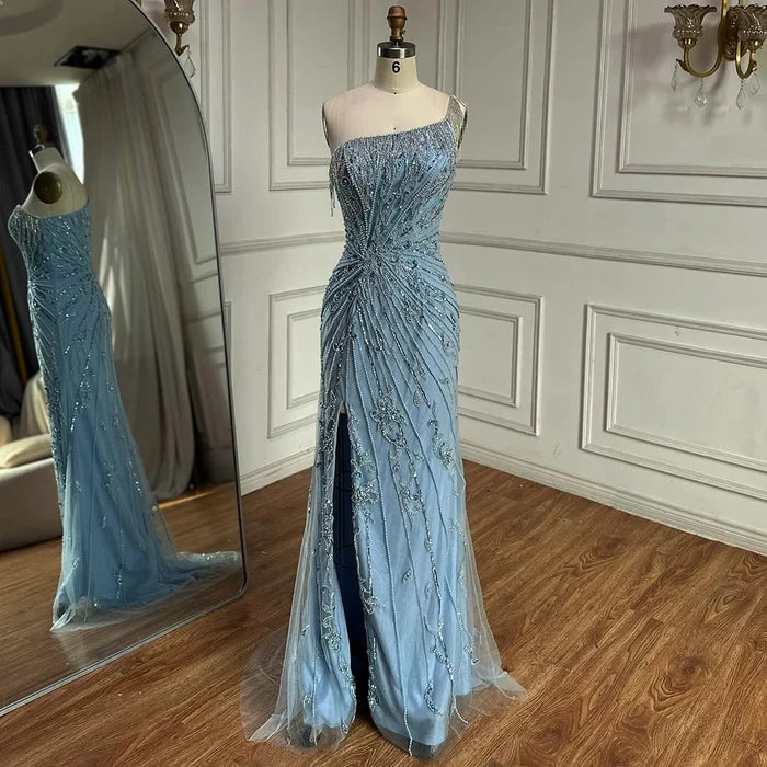 Luxury Caramel One Shoulder Beaded Slit Evening Gown with Tassel Detail LA72926 - SERENE HILL
