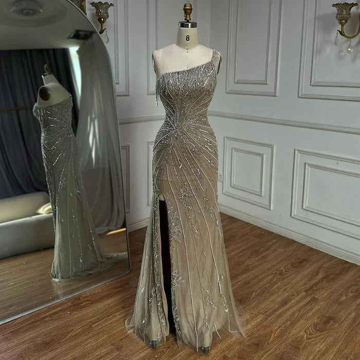 Luxury Caramel One Shoulder Beaded Slit Evening Gown with Tassel Detail LA72926 - SERENE HILL