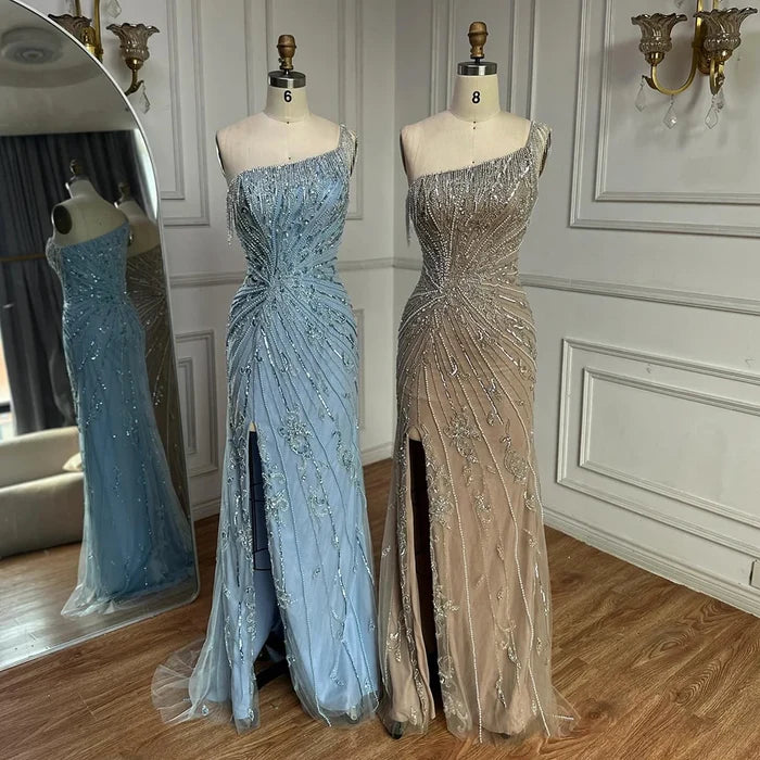 Luxury Caramel One Shoulder Beaded Slit Evening Gown with Tassel Detail LA72926 - SERENE HILL