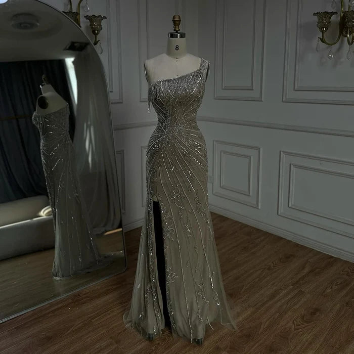 Luxury Caramel One Shoulder Beaded Slit Evening Gown with Tassel Detail LA72926 - SERENE HILL