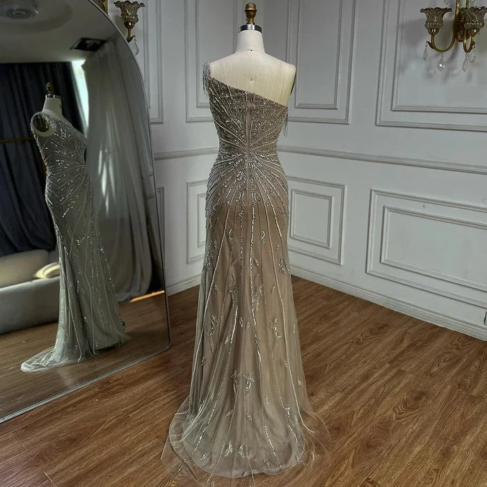 Luxury Caramel One Shoulder Beaded Slit Evening Gown with Tassel Detail LA72926 - SERENE HILL