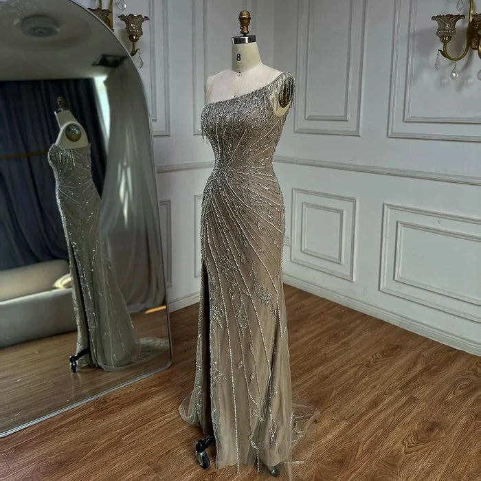 Luxury Caramel One Shoulder Beaded Slit Evening Gown with Tassel Detail LA72926 - SERENE HILL