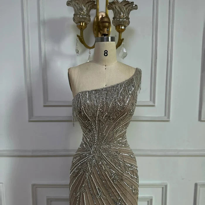 Luxury Caramel One Shoulder Beaded Slit Evening Gown with Tassel Detail LA72926 - SERENE HILL