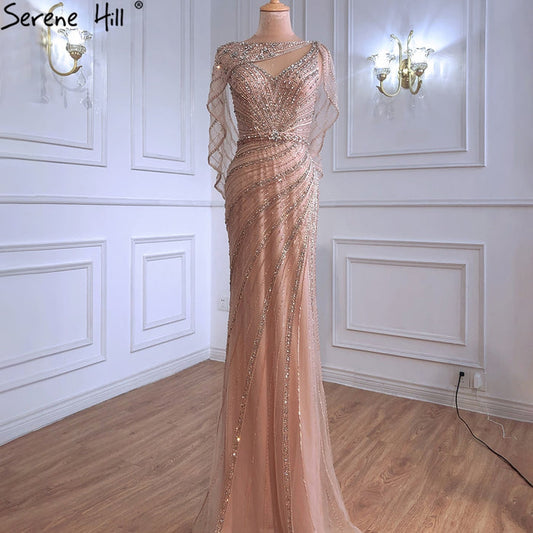 Luxury Champagne Dubai Mermaid Evening Dress with Cape LA70910 - SERENE HILL