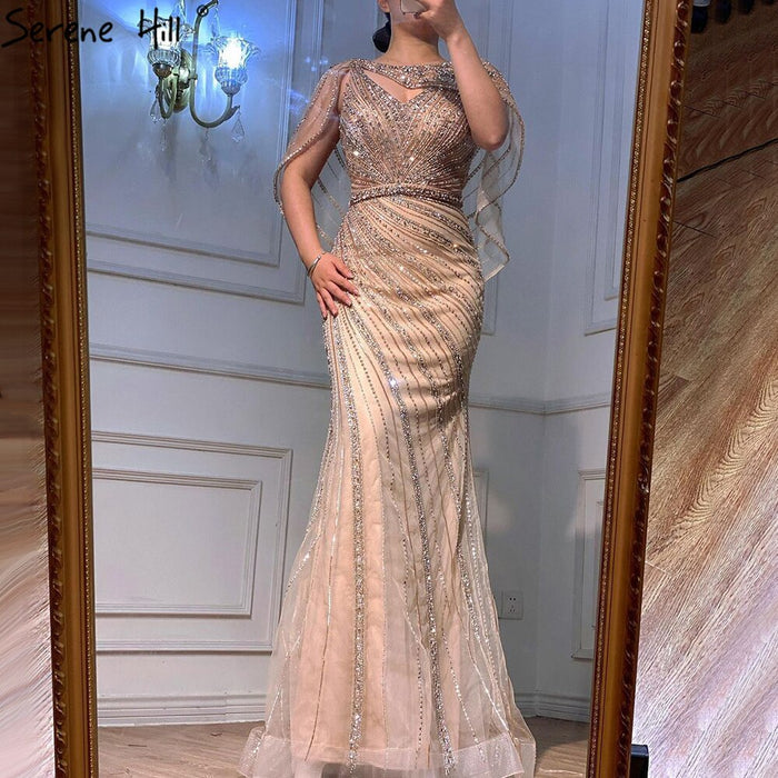 Luxury Champagne Dubai Mermaid Evening Dress with Cape LA70910 - SERENE HILL