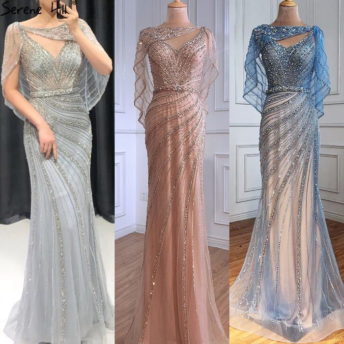 Luxury Champagne Dubai Mermaid Evening Dress with Cape LA70910 - SERENE HILL