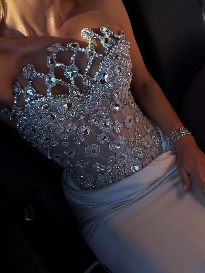 Luxury Champagne Strapless Crystal Satin Mermaid Evening Dress LA73782 SERENE HILL