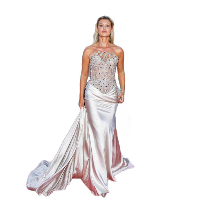 Luxury Champagne Strapless Crystal Satin Mermaid Evening Dress LA73782 SERENE HILL