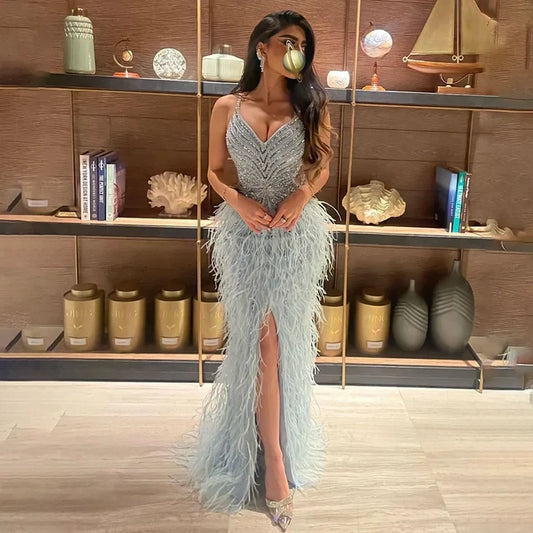 Luxury Classy blue Feathers Beaded Mermaid Prom Dress with Split LA70623 - SERENE HILL