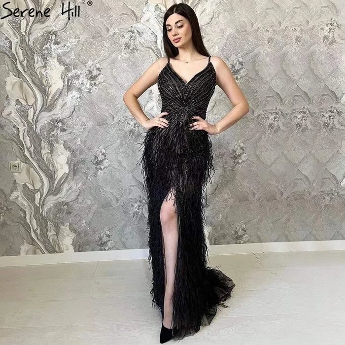 Luxury Classy blue Feathers Beaded Mermaid Prom Dress with Split LA70623 - SERENE HILL
