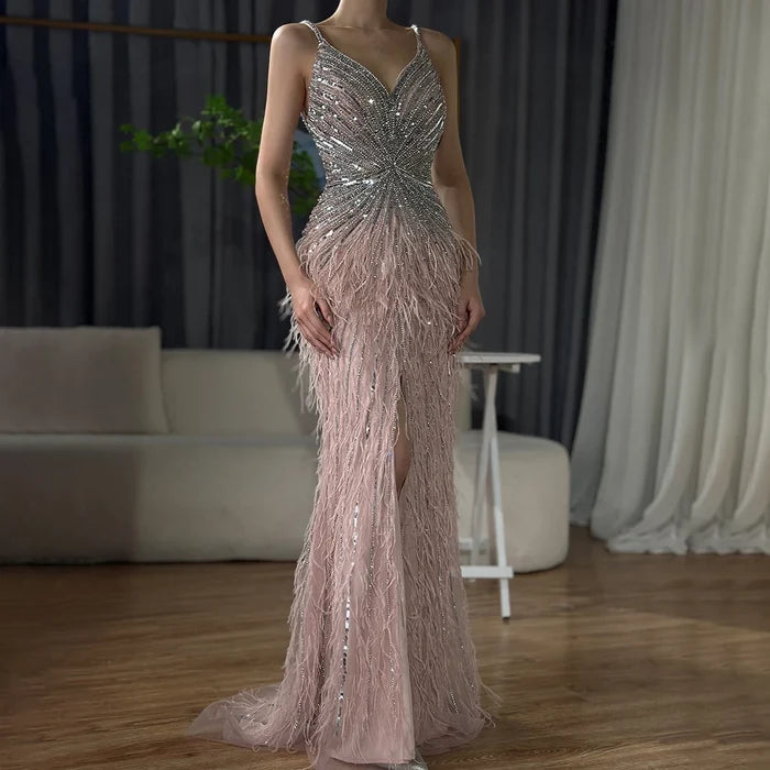 Luxury Classy blue Feathers Beaded Mermaid Prom Dress with Split LA70623 - SERENE HILL