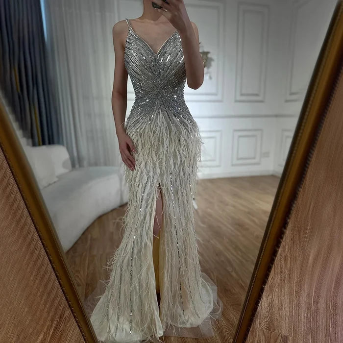 Luxury Classy blue Feathers Beaded Mermaid Prom Dress with Split LA70623 - SERENE HILL