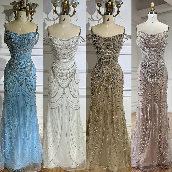 Luxury Crystal Silver Gray Pearl Beaded Evening Dress LA72253 - SERENE HILL