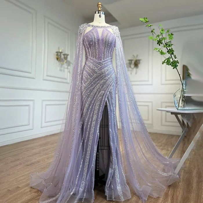 Luxury Crystal Yellow Evening Dress with Cape Sleeves LA72085 - SERENE HILL
