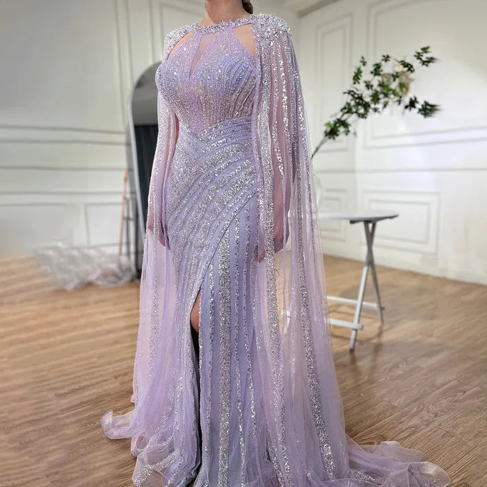 Luxury Crystal Yellow Evening Dress with Cape Sleeves LA72085 - SERENE HILL