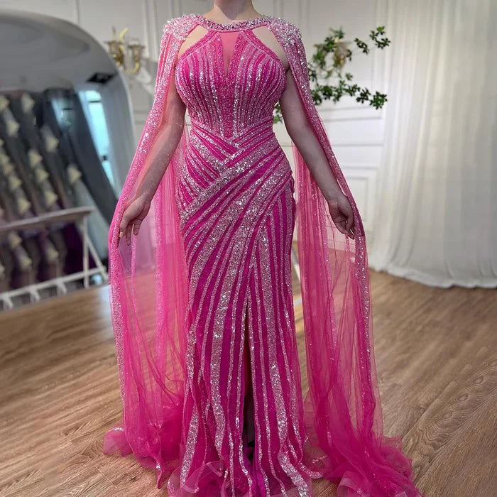 Luxury Crystal Yellow Evening Dress with Cape Sleeves LA72085 - SERENE HILL