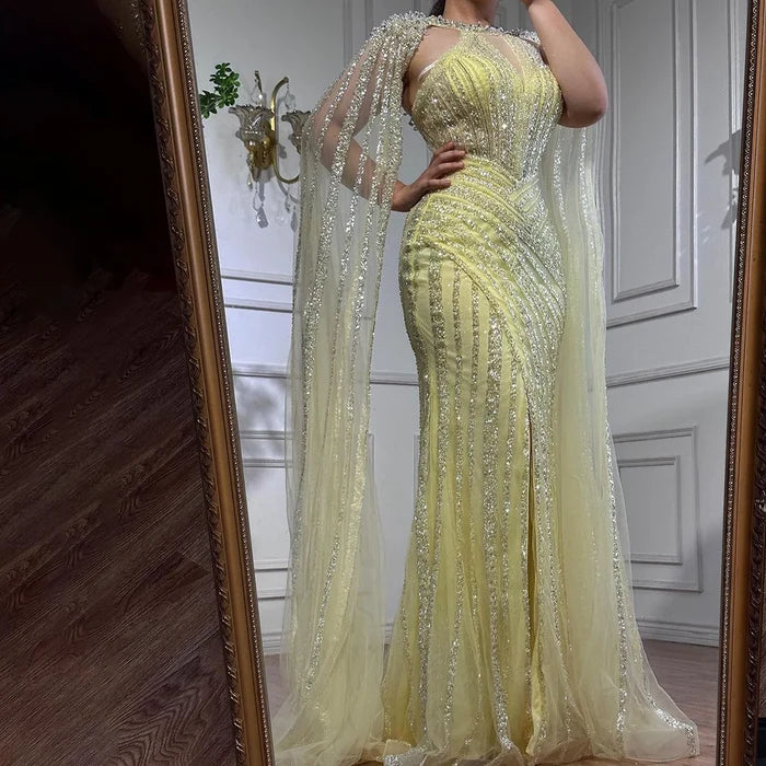 Luxury Crystal Yellow Evening Dress with Cape Sleeves LA72085 - SERENE HILL