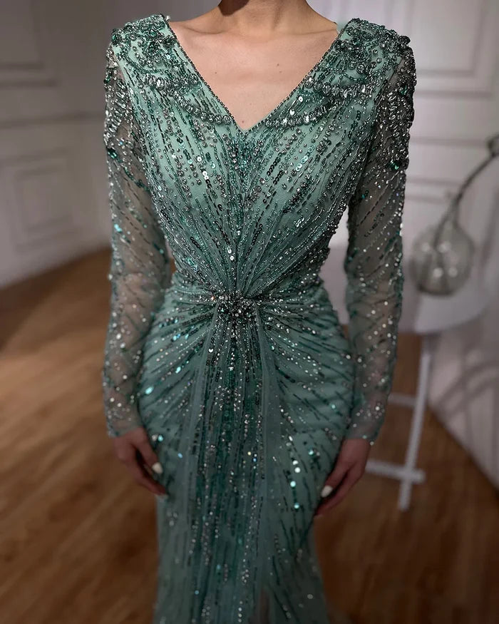 Luxury Designer Arabic Turquoise Mermaid Split Evening Dresses Gowns With LA72007 - SERENE HILL