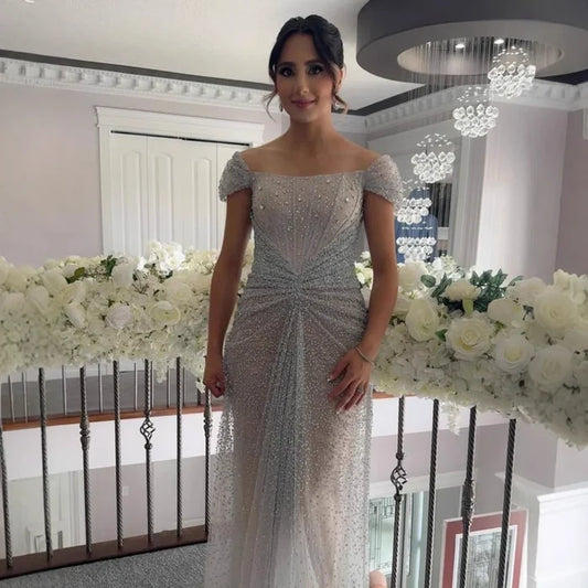 Luxury Designer Beaded Silver Nude Mermaid Evening Dress LA72905 - SERENE HILL