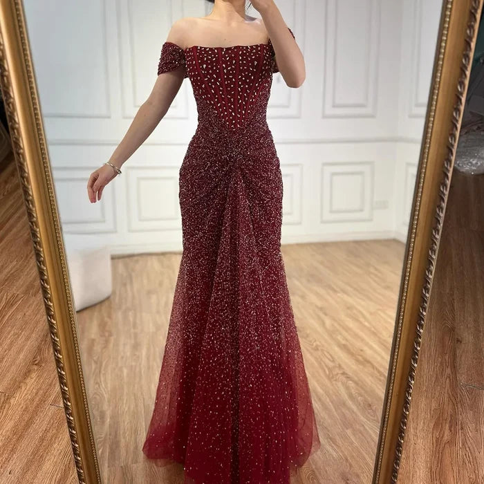 Luxury Designer Beaded Silver Nude Mermaid Evening Dress LA72905 - SERENE HILL