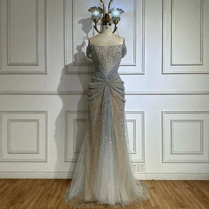 Luxury Designer Beaded Silver Nude Mermaid Evening Dress LA72905 - SERENE HILL
