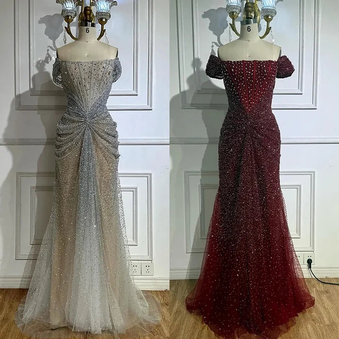 Luxury Designer Beaded Silver Nude Mermaid Evening Dress LA72905 - SERENE HILL