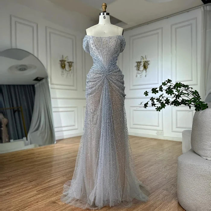 Luxury Designer Beaded Silver Nude Mermaid Evening Dress LA72905 - SERENE HILL