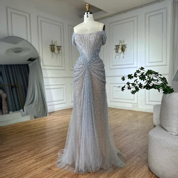 Luxury Designer Beaded Silver Nude Mermaid Evening Dress LA72905 - SERENE HILL