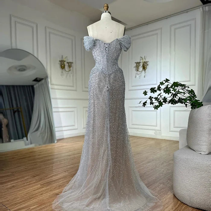 Luxury Designer Beaded Silver Nude Mermaid Evening Dress LA72905 - SERENE HILL