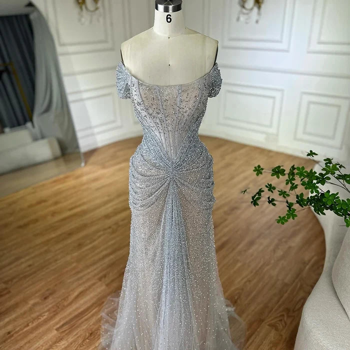 Luxury Designer Beaded Silver Nude Mermaid Evening Dress LA72905 - SERENE HILL
