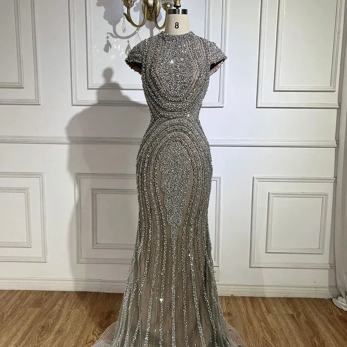 Luxury Designer Dubai Silver Nude Arabic Evening Dresses LA72344 - SERENE HILL