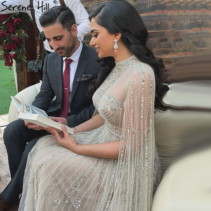 Luxury Designer Grey Nude Arabic Beaded Evening Dress with Cape Sleeves LA71047 - SERENE HILL