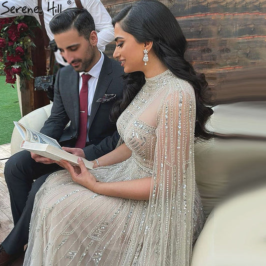 Luxury Designer Grey Nude Arabic Beaded Evening Dress with Cape Sleeves LA71047 - SERENE HILL