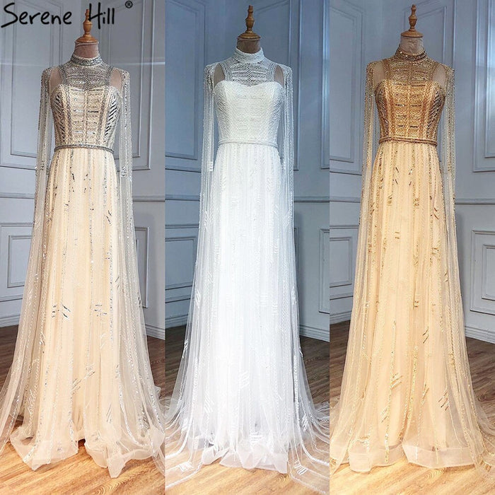 Luxury Designer Grey Nude Arabic Beaded Evening Dress with Cape Sleeves LA71047 - SERENE HILL