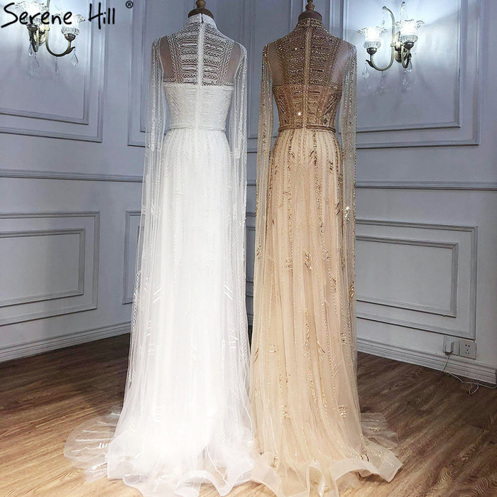 Luxury Designer Grey Nude Arabic Beaded Evening Dress with Cape Sleeves LA71047 - SERENE HILL