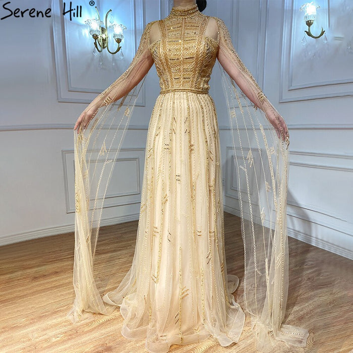 Luxury Designer Grey Nude Arabic Beaded Evening Dress with Cape Sleeves LA71047 - SERENE HILL