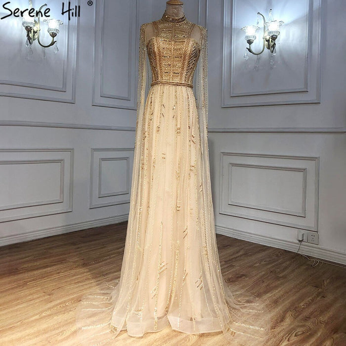 Luxury Designer Grey Nude Arabic Beaded Evening Dress with Cape Sleeves LA71047 - SERENE HILL