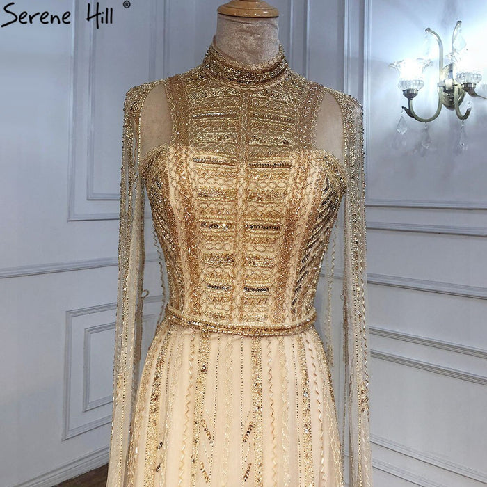 Luxury Designer Grey Nude Arabic Beaded Evening Dress with Cape Sleeves LA71047 - SERENE HILL