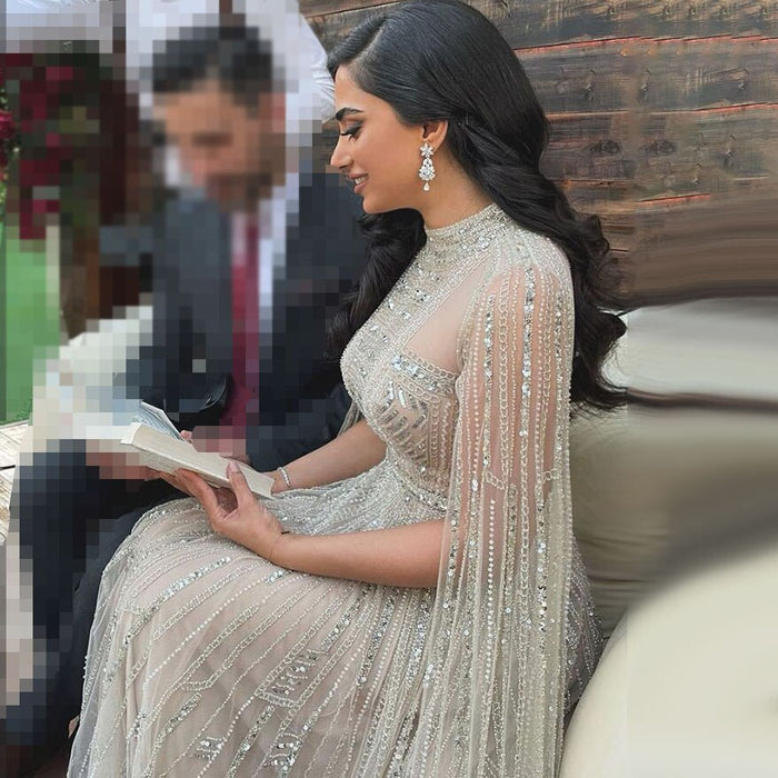 Luxury Designer Grey Nude Arabic Beaded Evening Dress with Cape Sleeves LA71047 - SERENE HILL