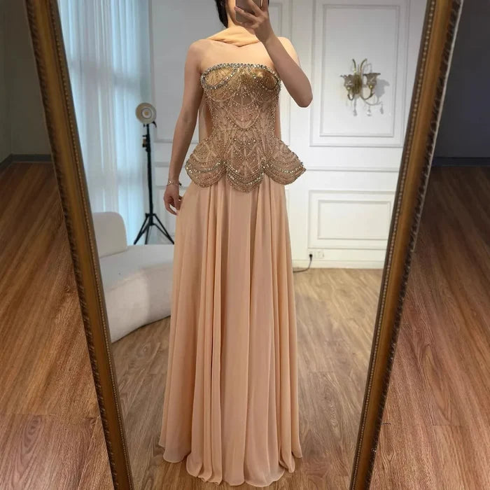 Luxury Designer Nude Beaded Chiffon Evening Dress LA72915 - SERENE HILL