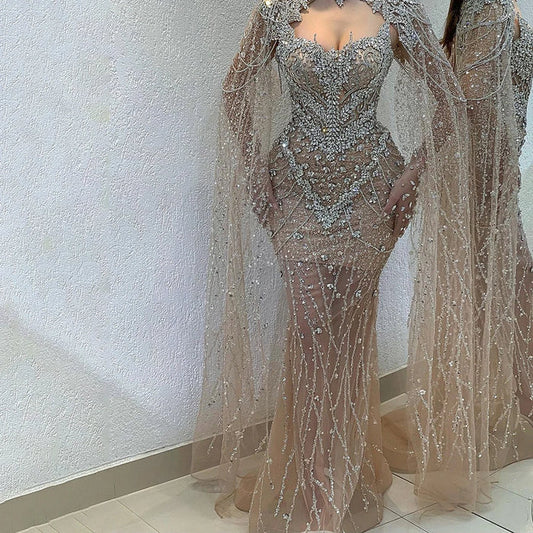 Luxury Designer Nude Beaded Crystal Evening Dress with Detachable Cape Sleeves LA72539 - SERENE HILL