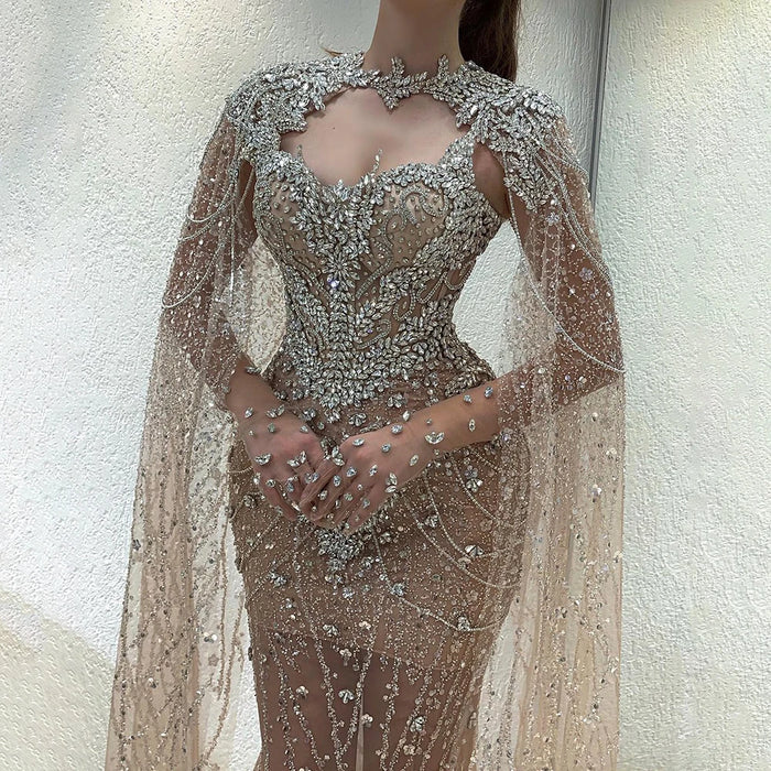 Luxury Designer Nude Beaded Crystal Evening Dress with Detachable Cape Sleeves LA72539 - SERENE HILL