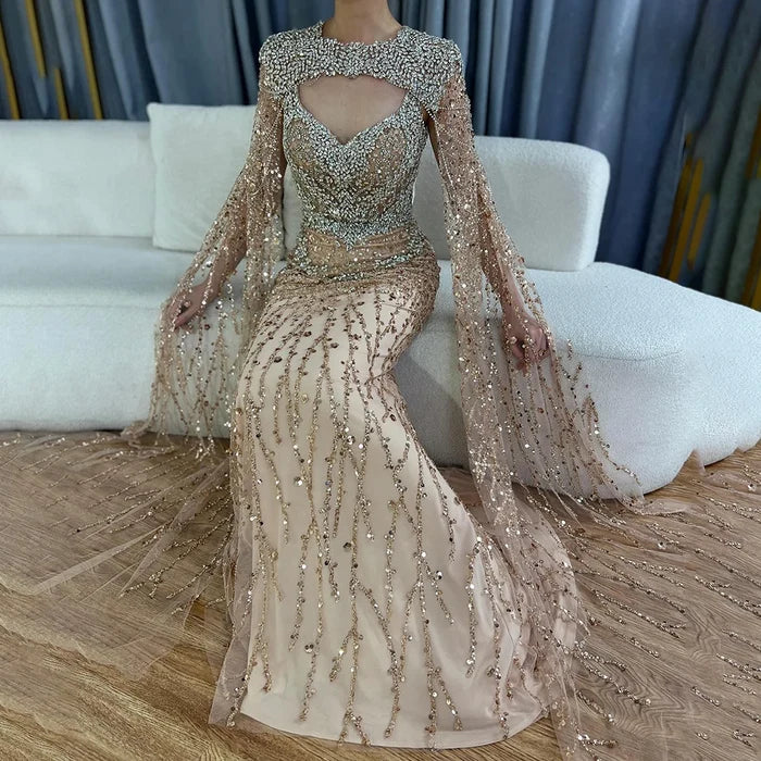 Luxury Designer Nude Beaded Crystal Evening Dress with Detachable Cape Sleeves LA72539 - SERENE HILL