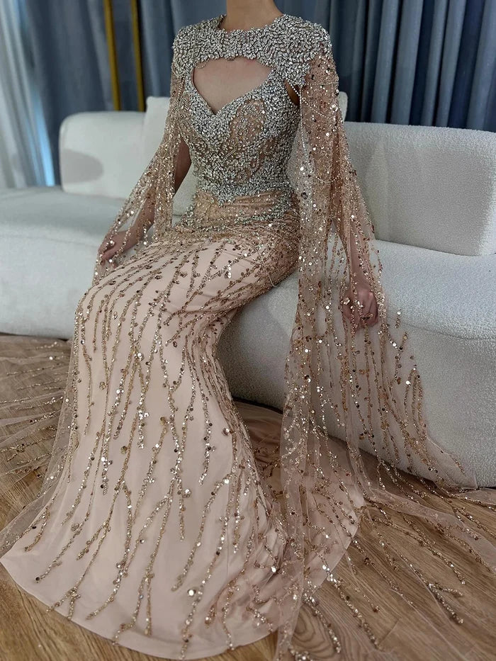Luxury Designer Nude Beaded Crystal Evening Dress with Detachable Cape Sleeves LA72539 - SERENE HILL