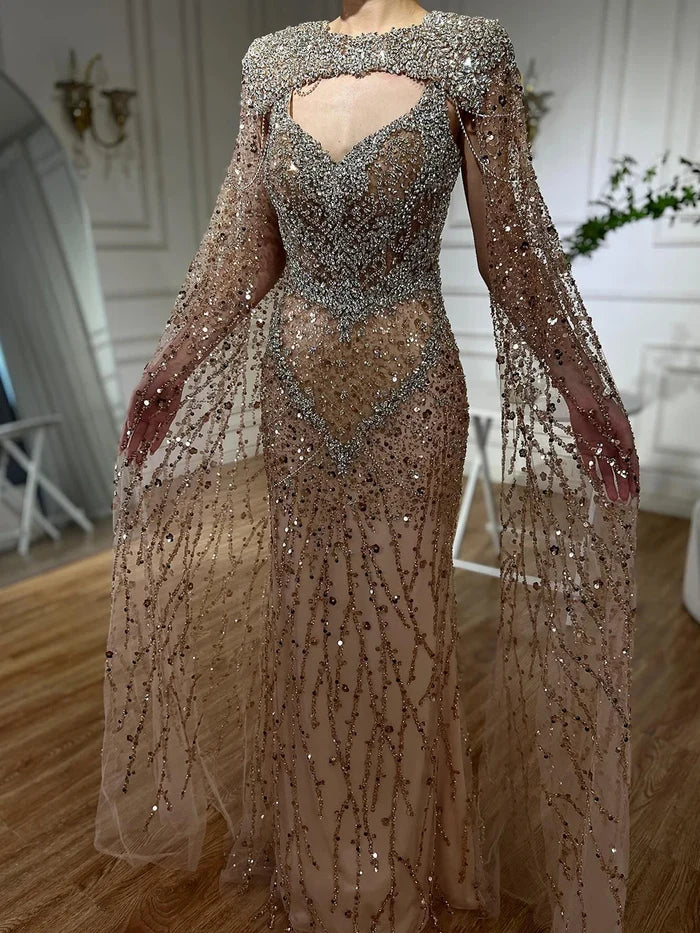 Luxury Designer Nude Beaded Crystal Evening Dress with Detachable Cape Sleeves LA72539 - SERENE HILL