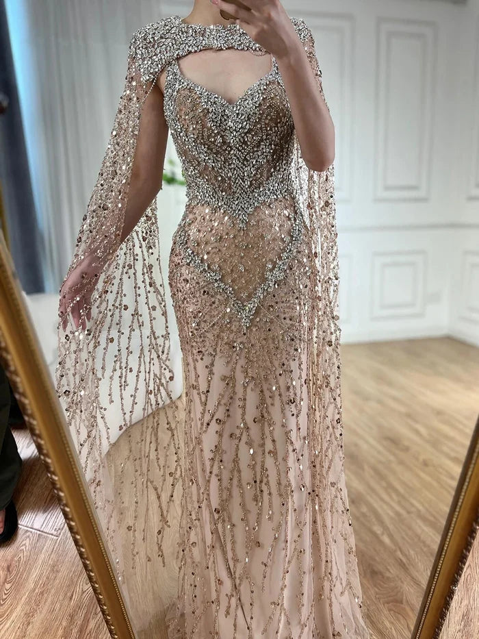 Luxury Designer Nude Beaded Crystal Evening Dress with Detachable Cape Sleeves LA72539 - SERENE HILL