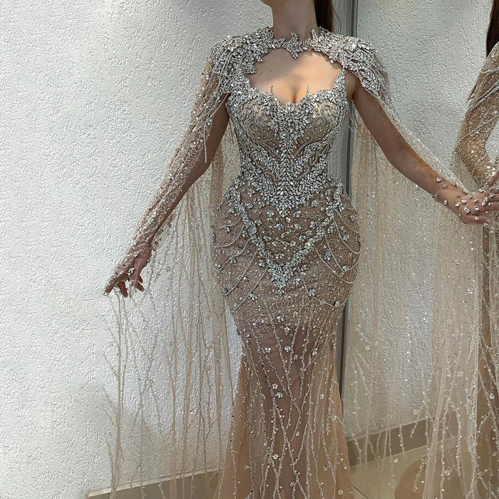 Luxury Designer Nude Beaded Crystal Evening Dress with Detachable Cape Sleeves LA72539 - SERENE HILL